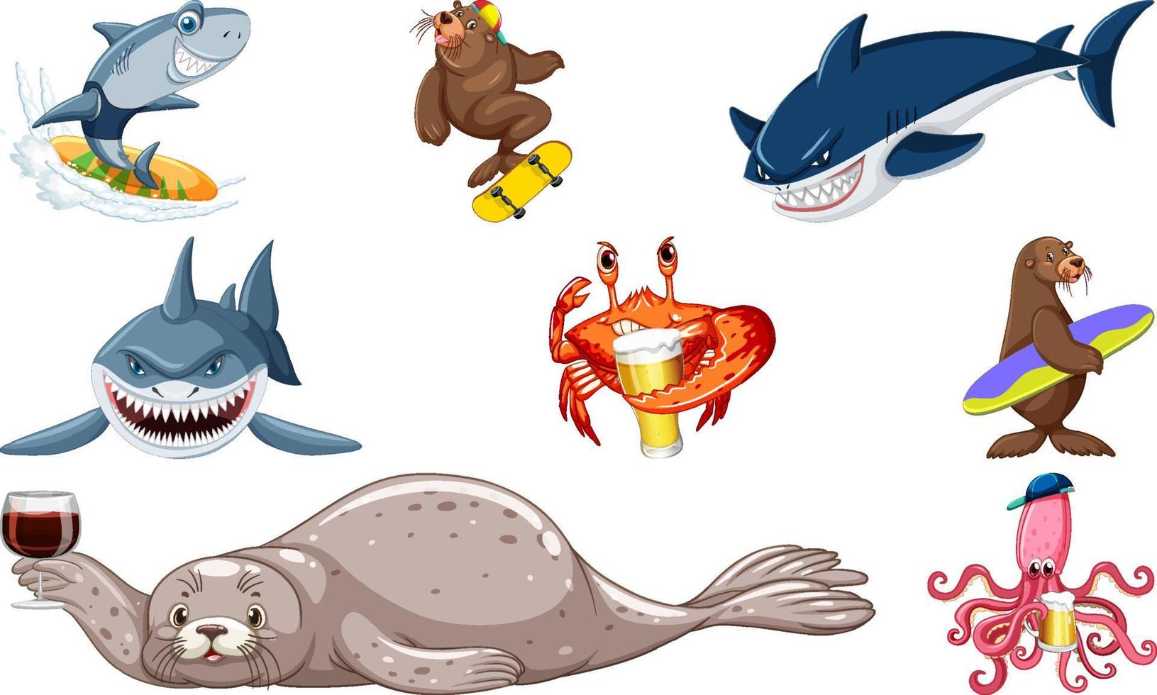 Set of various sea animals cartoon characters vector