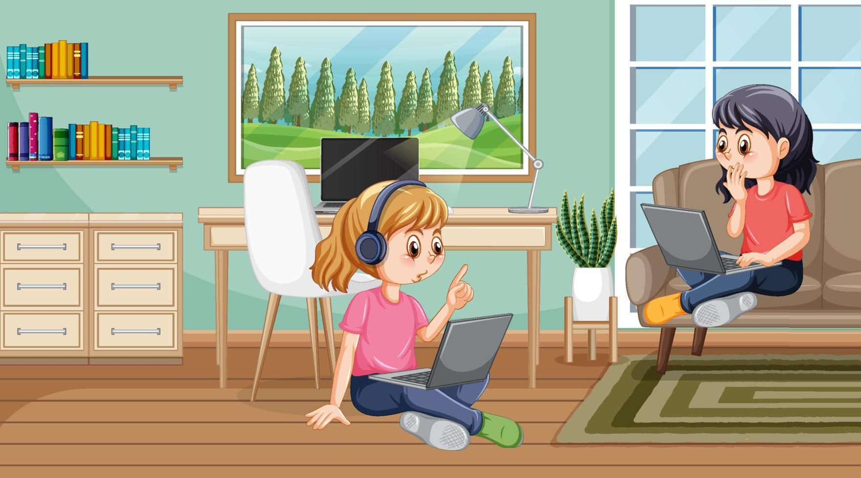 At home scene with two girls using their laptops vector
