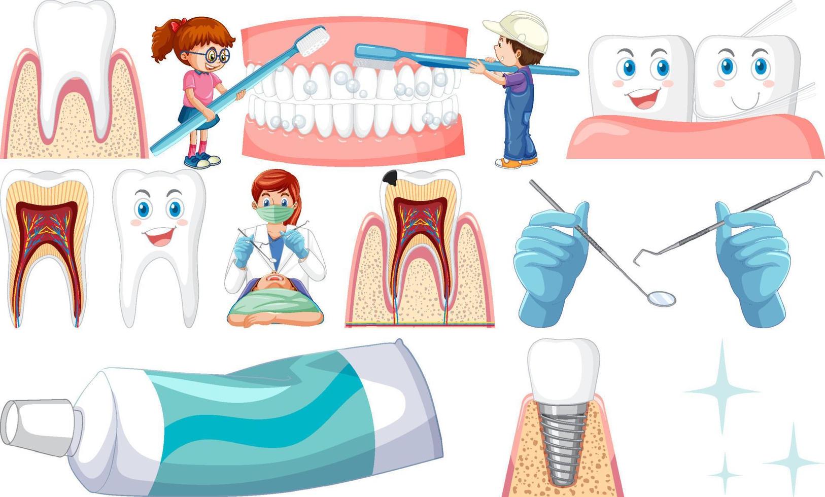 Set of dental equipments and cartoon characters vector