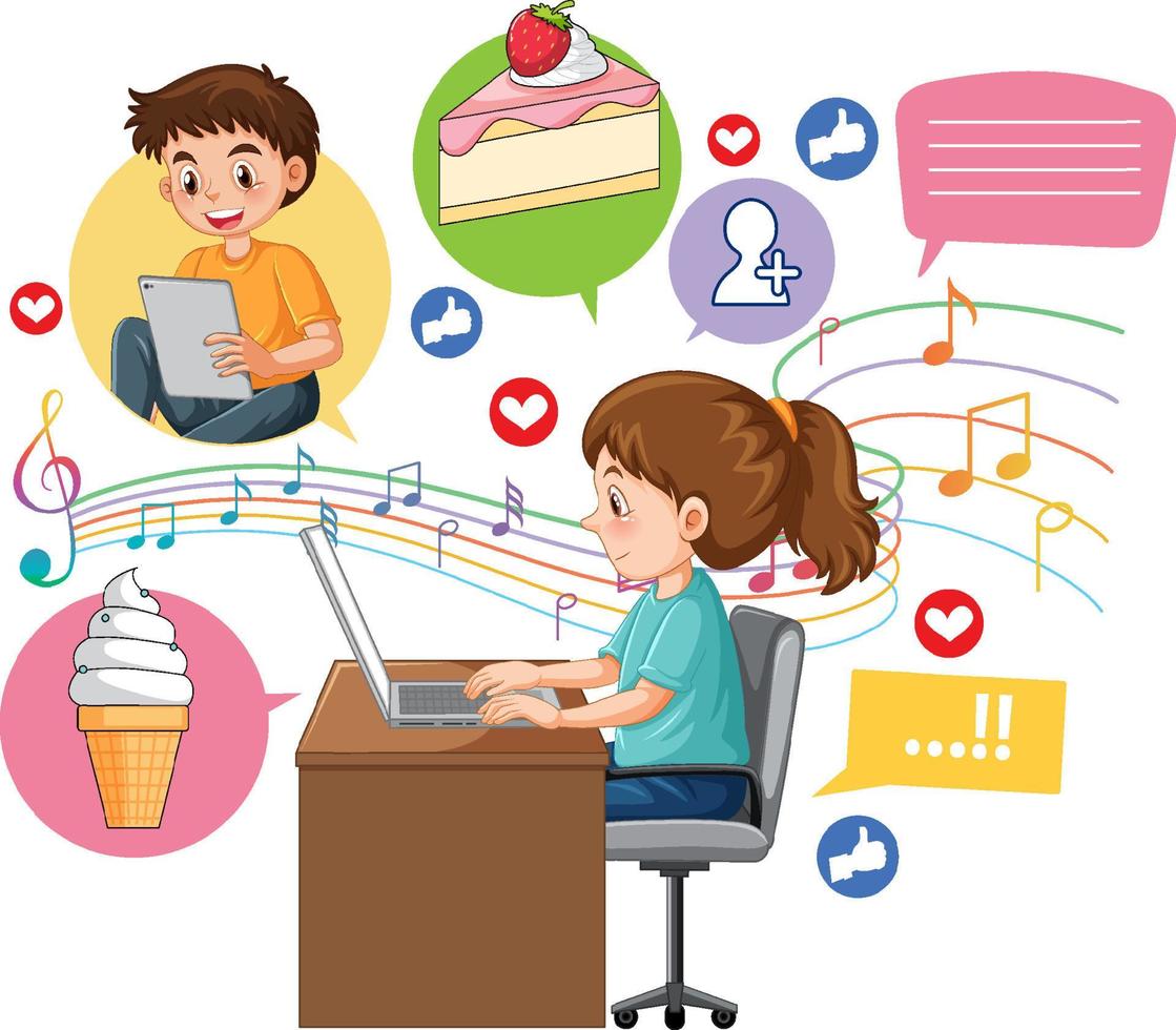 Cute girl browsing social media on laptop vector