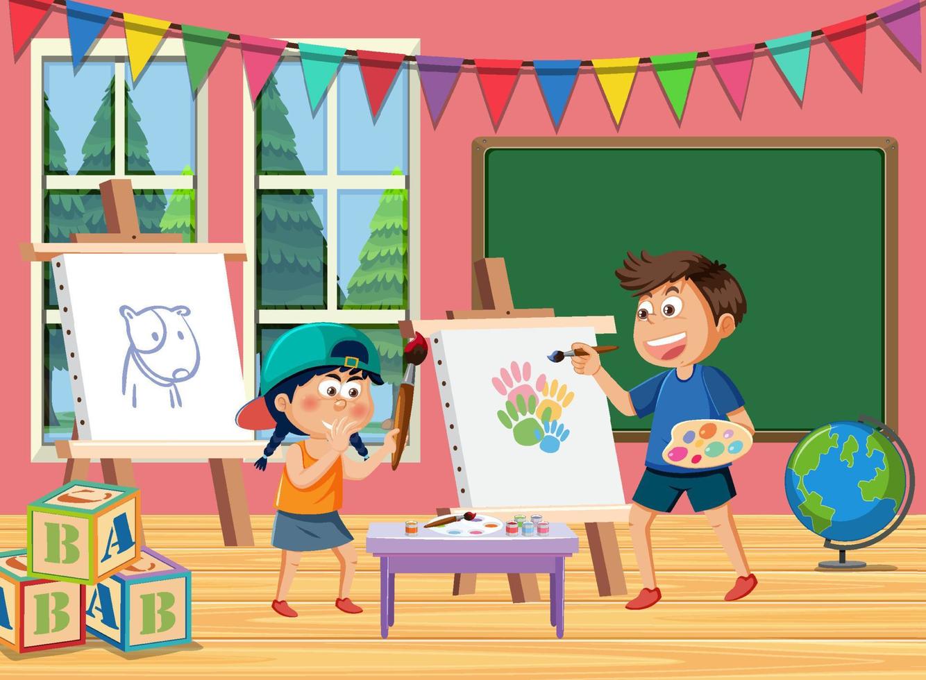 Art classroom with happy students vector