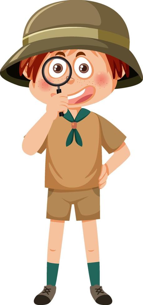 Cute boy scout personaje de dibujos animados lupa vector