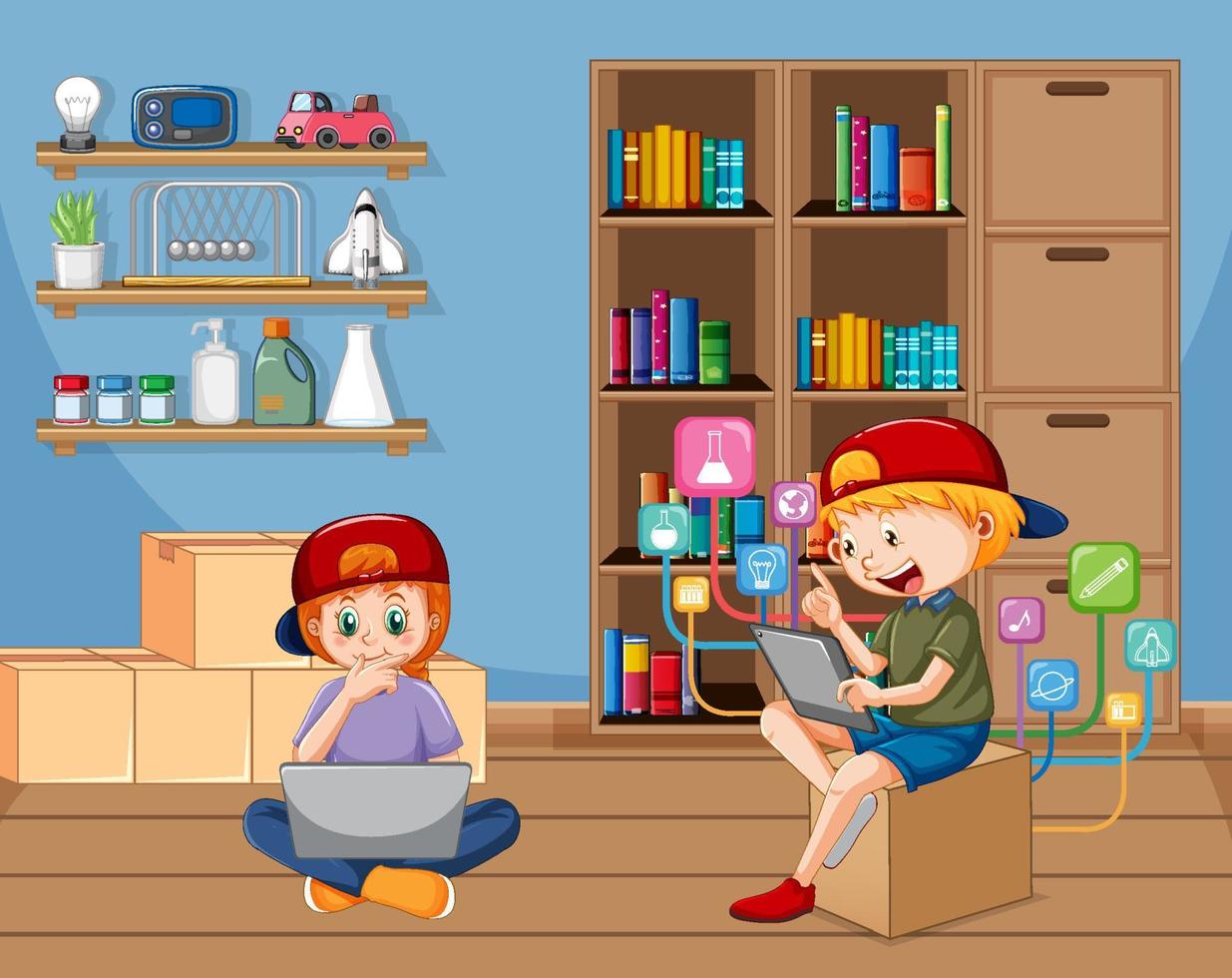 At home scene with two kids using their laptops vector