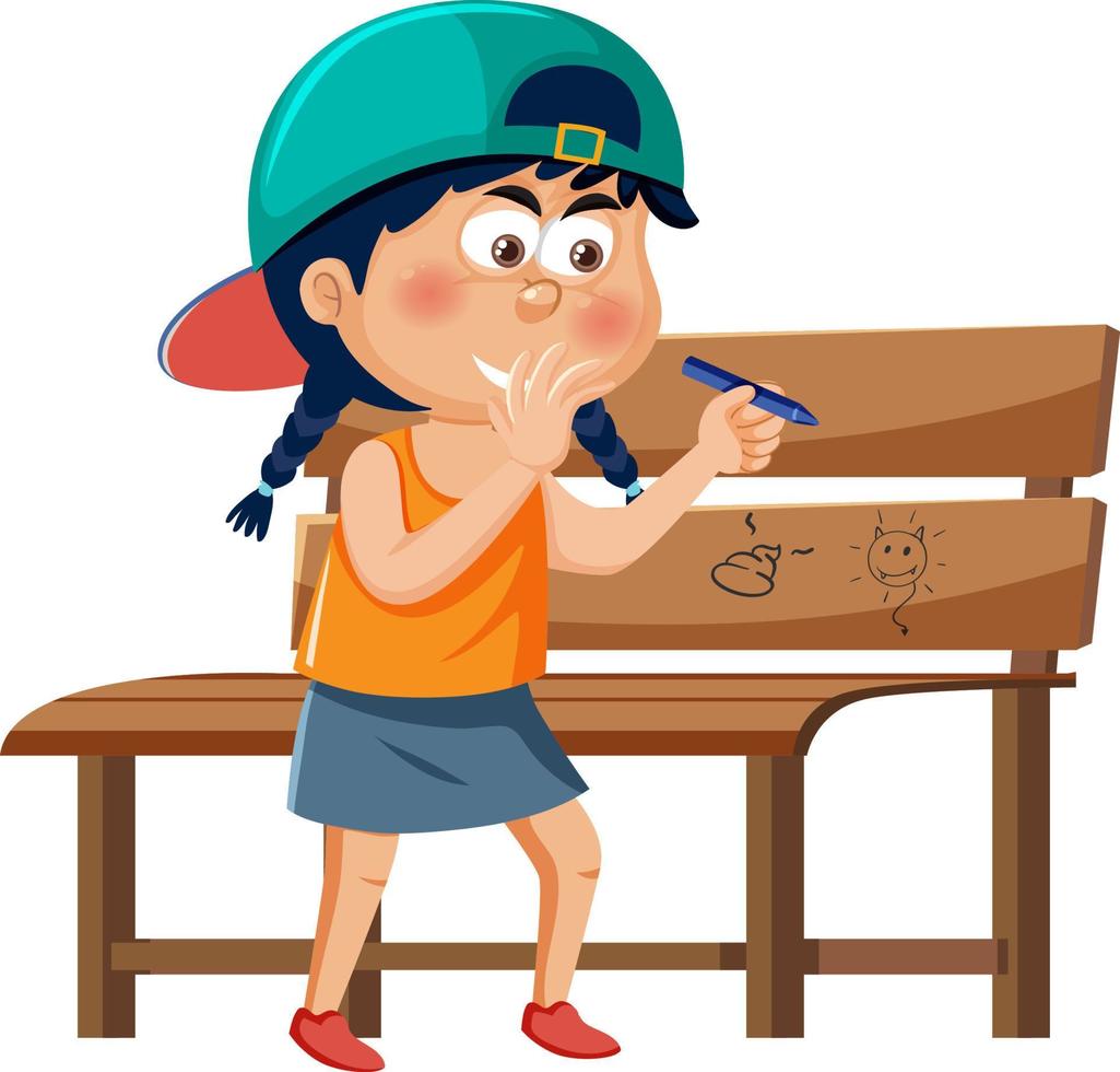 A girl drawing damage to bench public vector