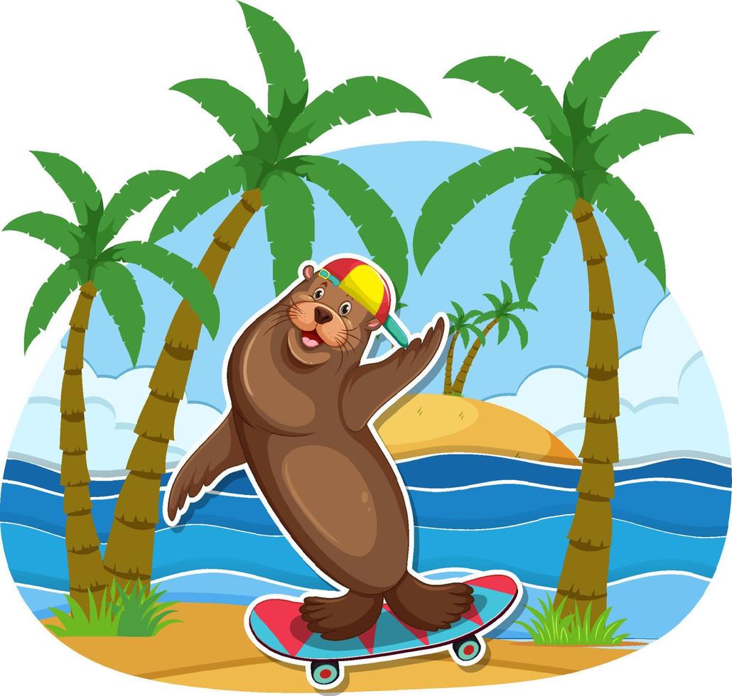 Sea lion cartoon character at the beach vector