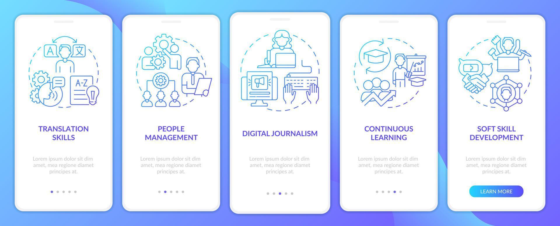 Habilidades deseadas para el empleo Pantalla de aplicación móvil de incorporación de degradado azul. tutorial 5 pasos páginas de instrucciones gráficas con conceptos lineales. interfaz de usuario, ux, plantilla de interfaz gráfica de usuario. vector