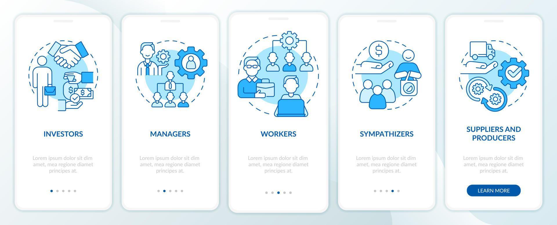 Categories of members blue onboarding mobile app screen. Business walkthrough 5 steps graphic instructions pages with linear concepts. UI, UX, GUI template. vector