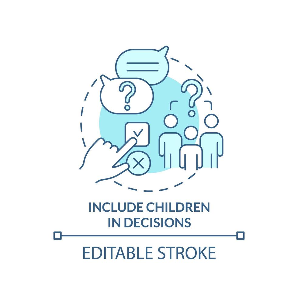 Include children in decisions turquoise concept icon. Respect kid ideas. Teamwork abstract idea thin line illustration. Isolated outline drawing. Editable stroke. vector