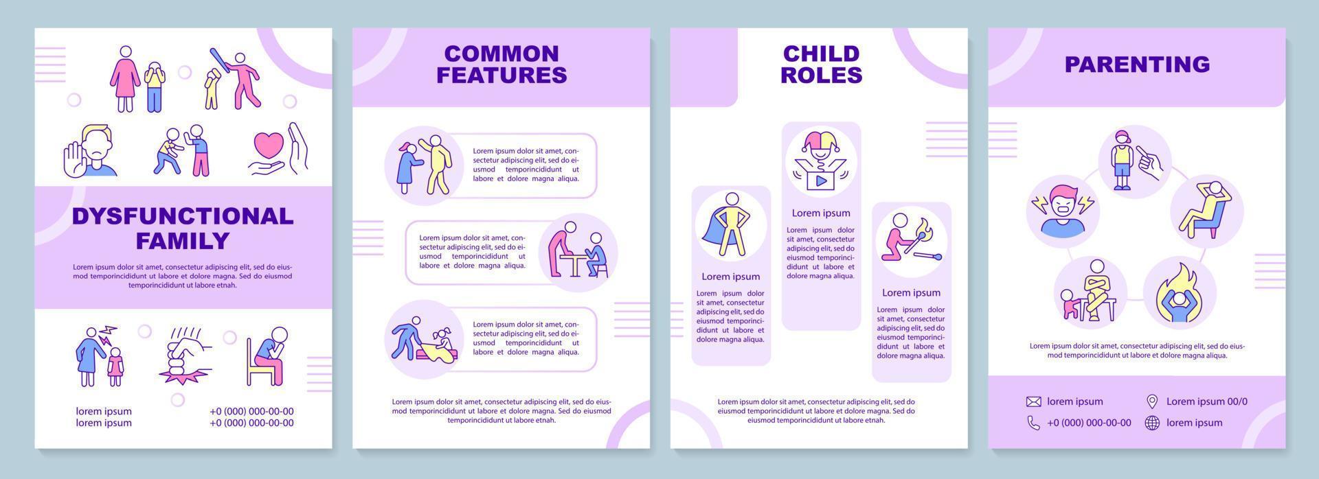Dysfunctional families brochure template. Problems and abuse. Leaflet design with linear icons. 4 vector layouts for presentation, annual reports.