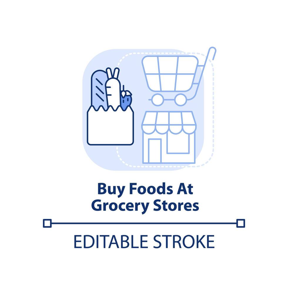 Buy foods at grocery stores light blue concept icon. Road trip recommendation abstract idea thin line illustration. Isolated outline drawing. Editable stroke. vector