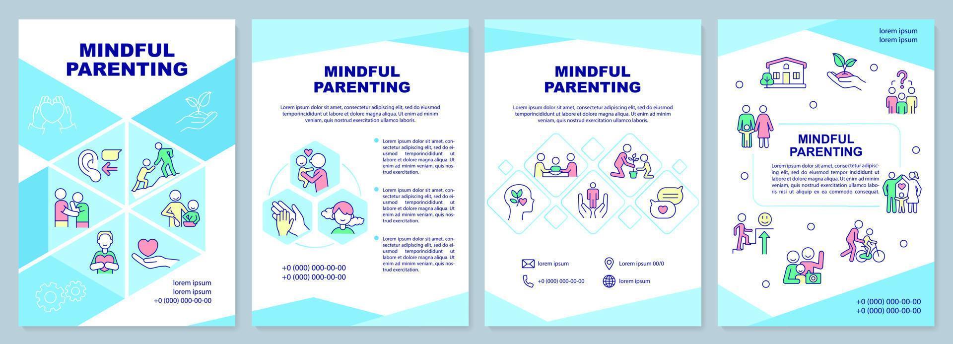 Mindful parenting brochure template. Family relationship. Leaflet design with linear icons. 4 vector layouts for presentation, annual reports.