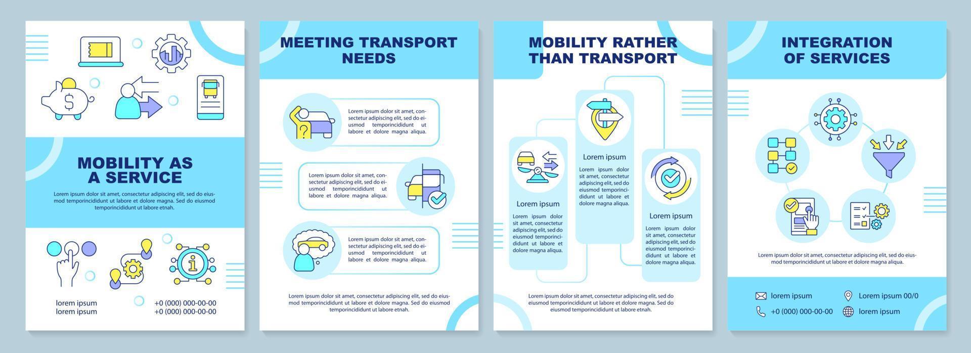 MaaS concept components blue brochure template. Users service. Leaflet design with linear icons. Editable 4 vector layouts for presentation, annual reports.