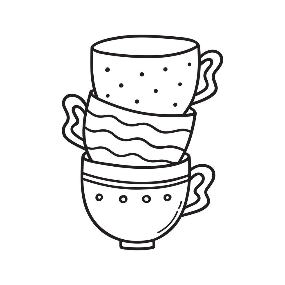 Hand drawn set of coffee cups or tea cups doodle. Tea time in sketch style. Vector illustration