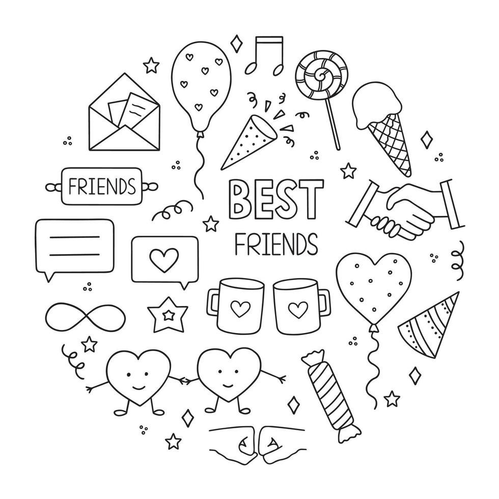 Hand drawn set of friendship doodle. Friendship day and party decoration in sketch style. Vector illustration