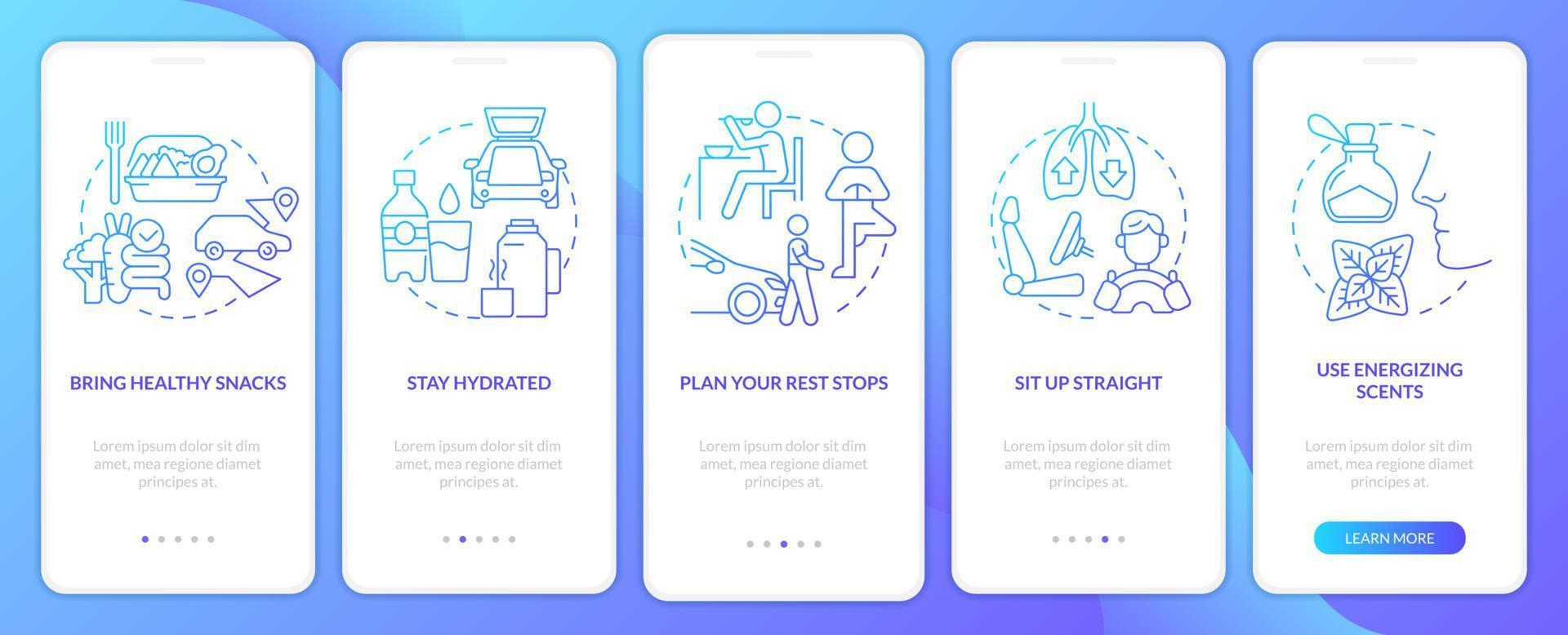 Road trip healthy habits blue gradient onboarding mobile app screen. Car tour walkthrough 5 steps graphic instructions with linear concepts. UI, UX, GUI template. vector