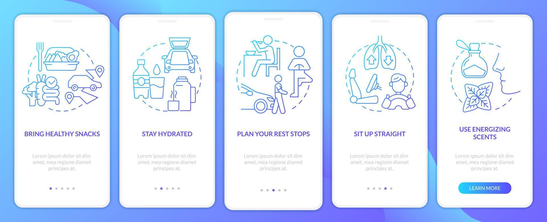 pantalla de la aplicación móvil de incorporación de gradiente azul de hábitos saludables de viaje por carretera. Instrucciones gráficas de 5 pasos para el recorrido del automóvil con conceptos lineales. interfaz de usuario, ux, plantilla de interfaz gráfica de usuario. vector