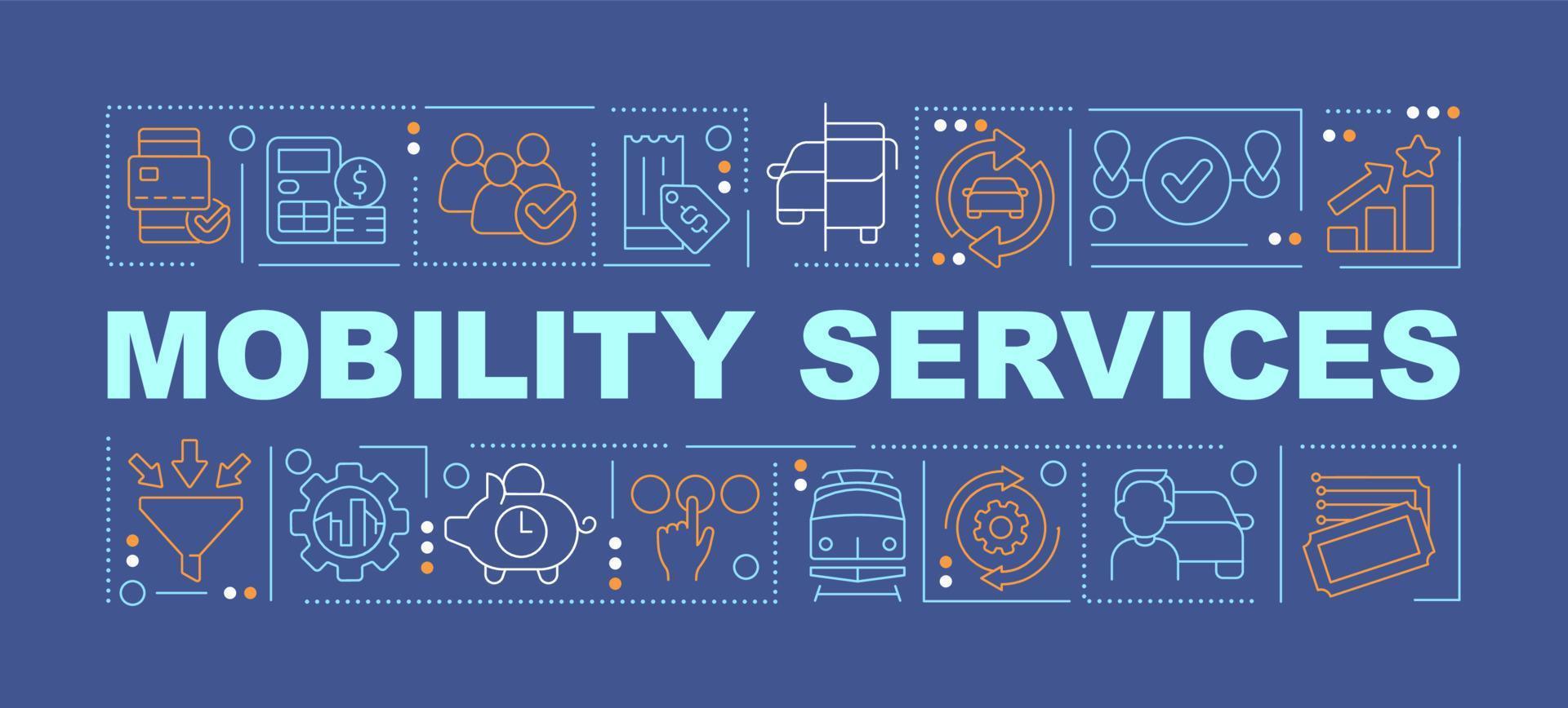 Mobility services word concepts dark blue banner. Transport system. Infographics with editable icons on color background. Isolated typography. Vector illustration with text.