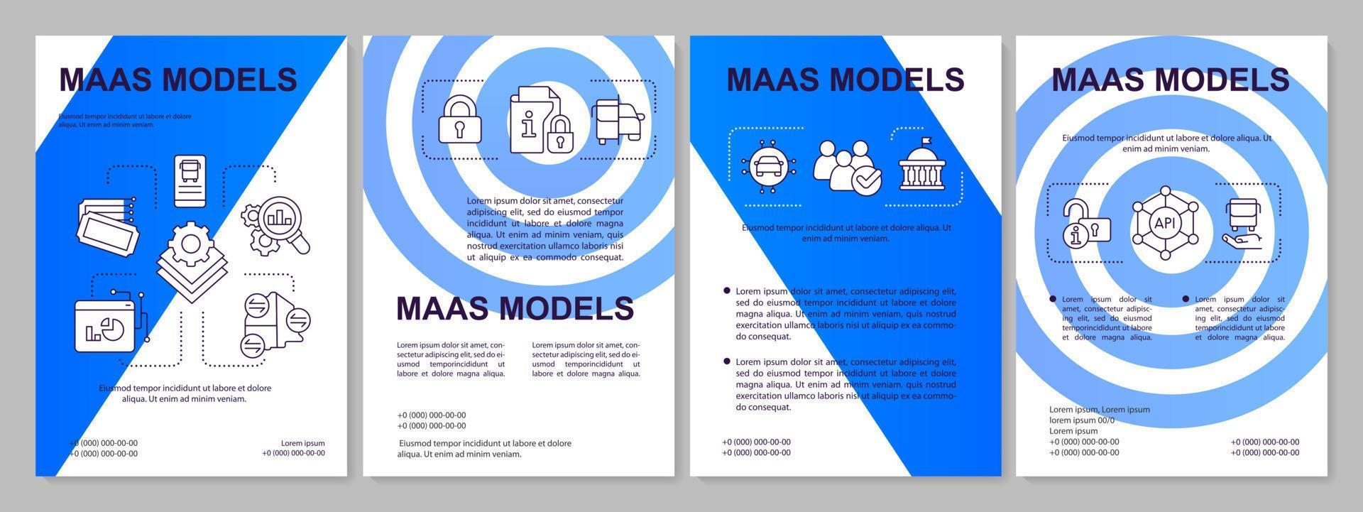 Plantilla de folleto azul de modelos maas. servicios de movilidad. diseño de folletos con iconos lineales. 4 diseños vectoriales editables para presentación, informes anuales. vector