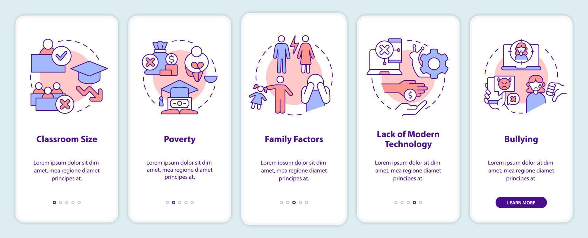 Public schools challenges onboarding mobile app screen. Walkthrough 5 steps editable graphic instructions with linear concepts. UI, UX, GUI template. vector