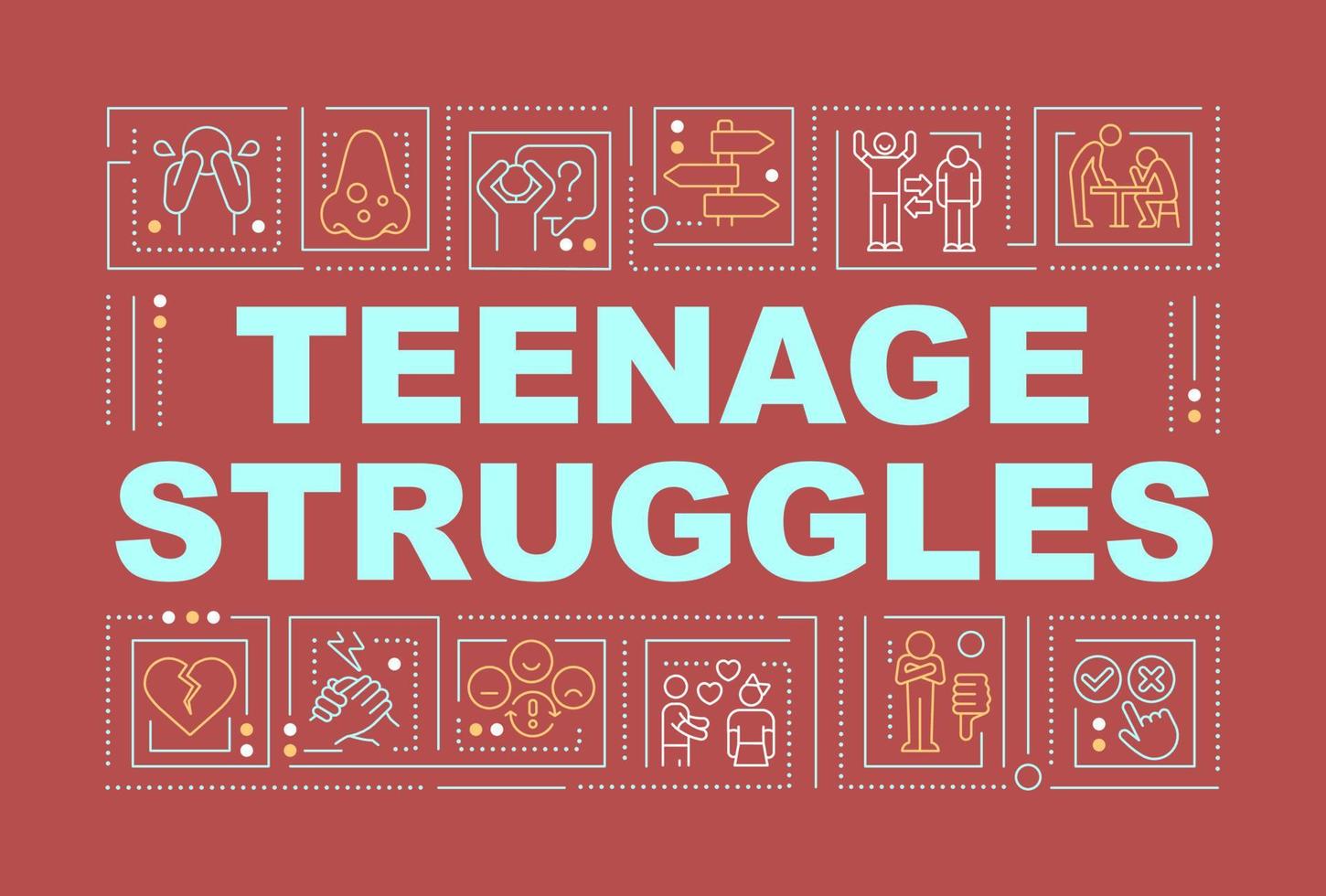 Teenage concerns word concepts red banner. Acne and social issues. Infographics with editable icons on color background. Isolated typography. Vector illustration with text.