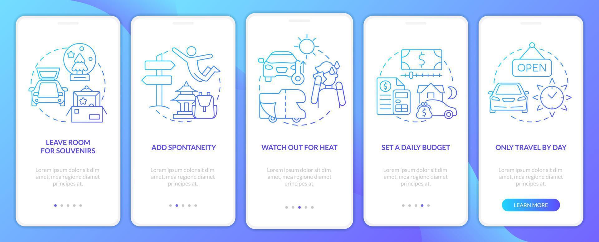 Road trip advices blue gradient onboarding mobile app screen. Car travel walkthrough 5 steps graphic instructions with linear concepts. UI, UX, GUI template. vector