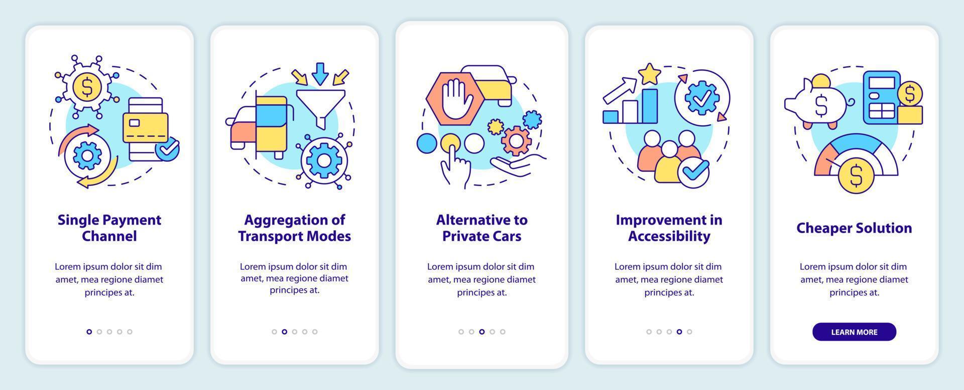 Mobility as service value onboarding mobile app screen. Features walkthrough 5 steps editable graphic instructions with linear concepts. UI, UX, GUI template. vector