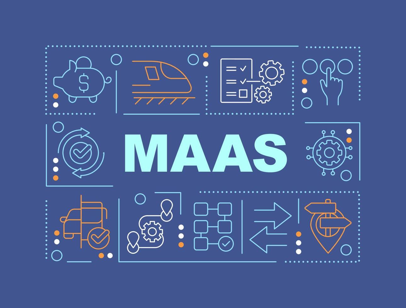 MaaS word concepts dark blue banner. Digital transport system Infographics with editable icons on color background. Isolated typography. Vector illustration with text.