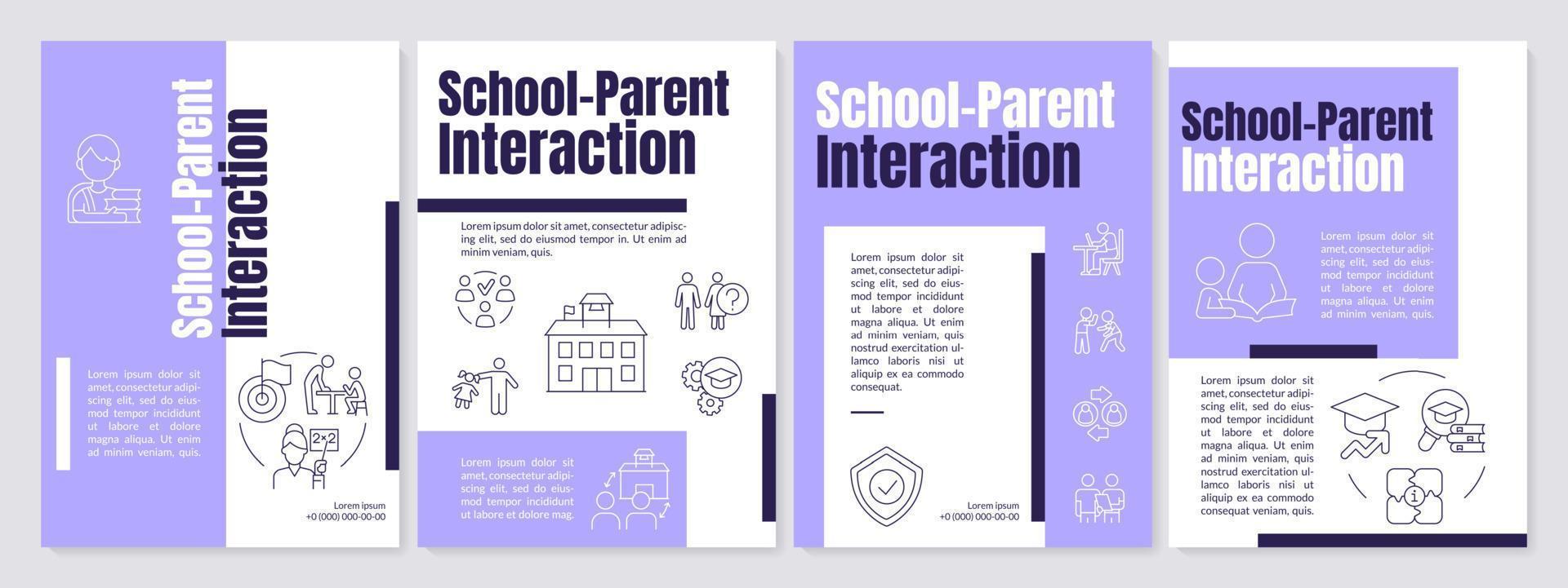 School parent interaction purple brochure template. Parents engaement. Leaflet design with linear icons. Editable 4 vector layouts for presentation, annual reports.