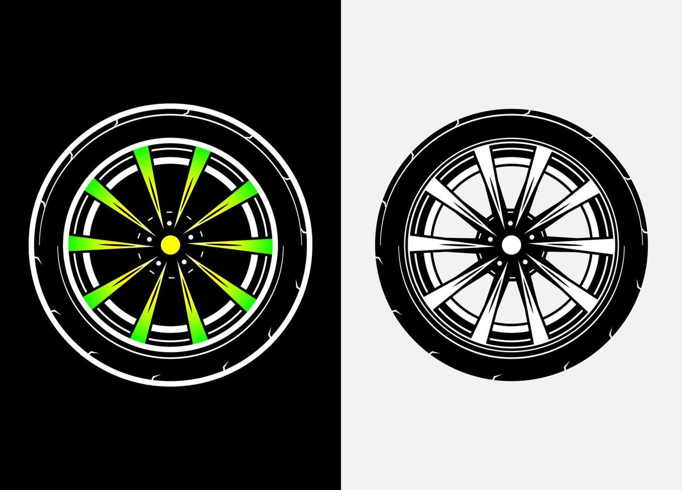 Different color set of car wheels, rubber tyre, car tyre, truck wheel illustration in race style. Racing wheels vector. Black and white isolated background. Eps 10. vector