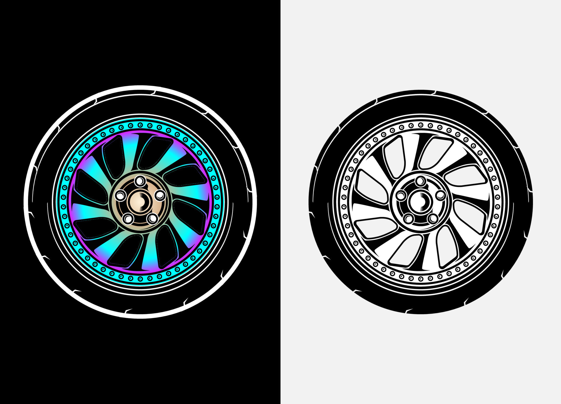 Different color set of car wheels, rubber tyre, car tyre, truck wheel