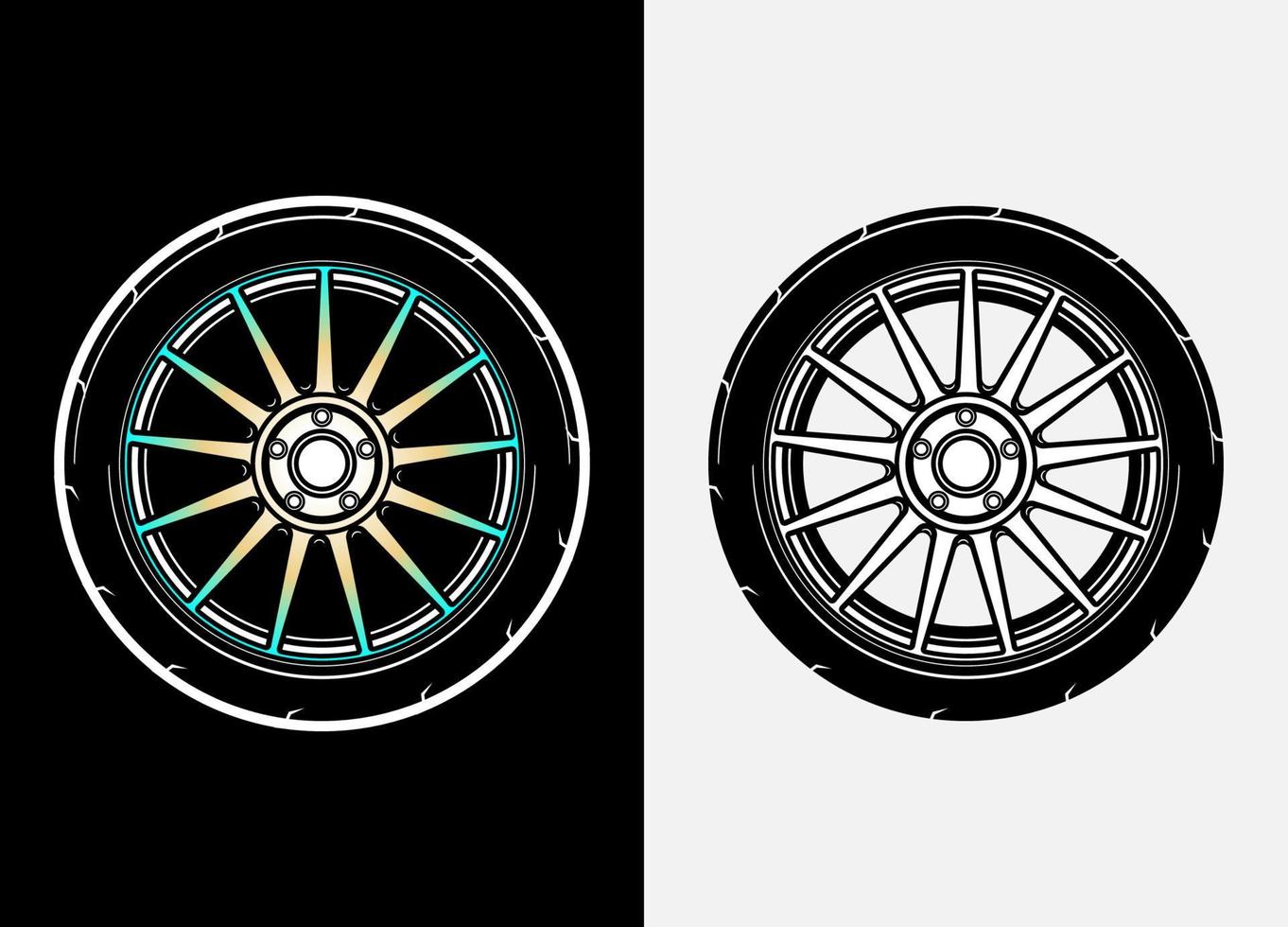 Different color set of car wheels, rubber tyre, car tyre, truck wheel illustration in race style. Racing wheels vector. Black and white isolated background. Eps 10. vector