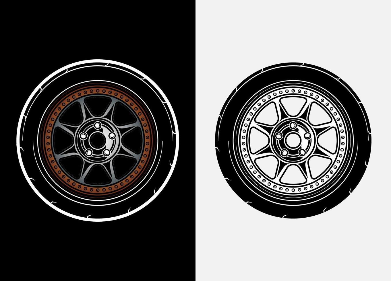 Different color set of car wheels, rubber tyre, car tyre, truck wheel illustration in race style. Racing wheels vector. Black and white isolated background. Eps 10. vector