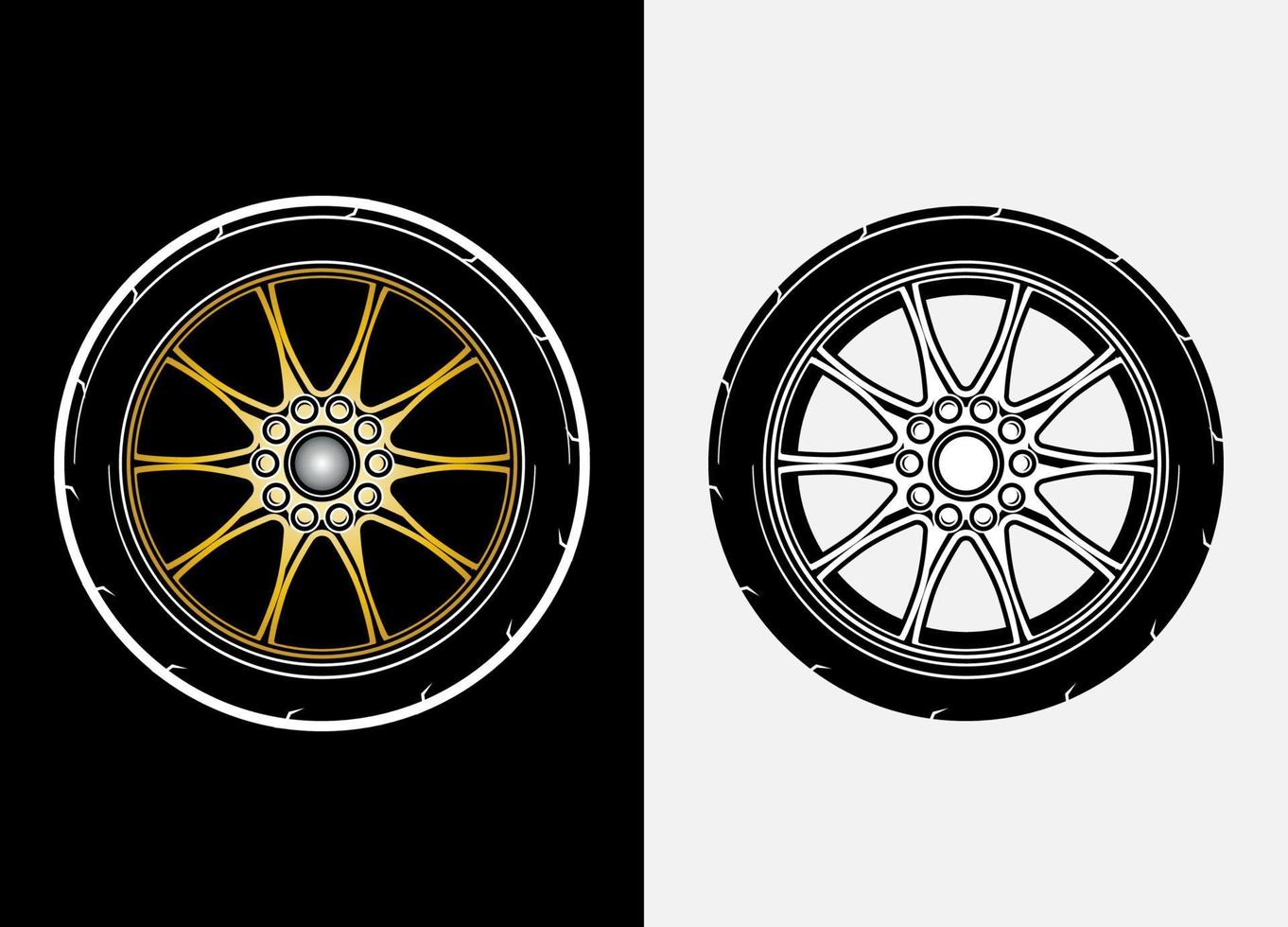 Different color set of car wheels, rubber tyre, car tyre, truck wheel illustration in race style. Racing wheels vector. Black and white isolated background. Eps 10. vector