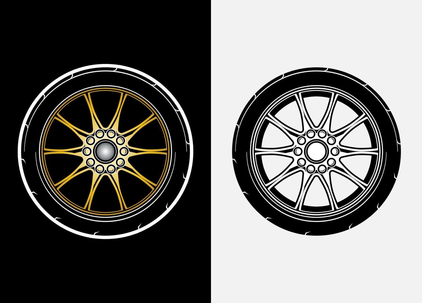 Different color set of car wheels, rubber tyre, car tyre, truck wheel illustration in race style. Racing wheels vector. Black and white isolated background. Eps 10. vector