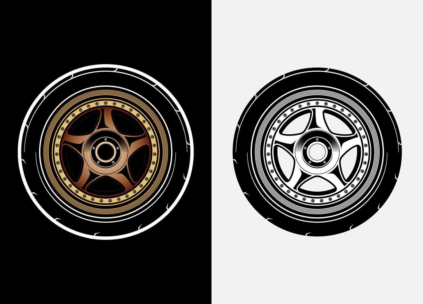 Different color set of car wheels, rubber tyre, car tyre, truck wheel illustration in race style. Racing wheels vector. Black and white isolated background. Eps 10. vector