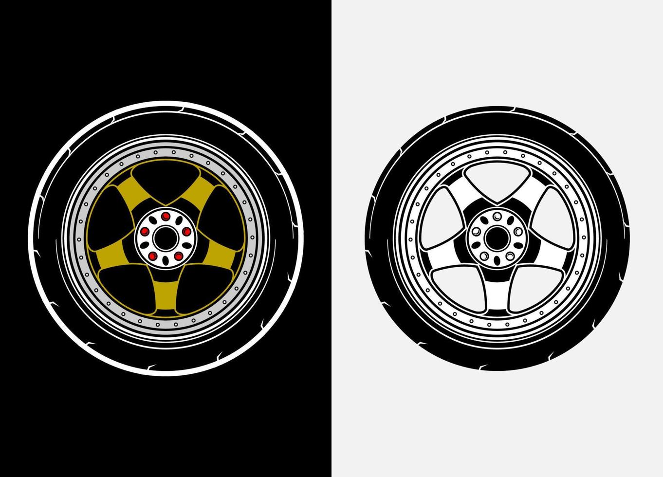 Different color set of car wheels, rubber tyre, car tyre, truck wheel illustration in race style. Racing wheels vector. Black and white isolated background. Eps 10. vector