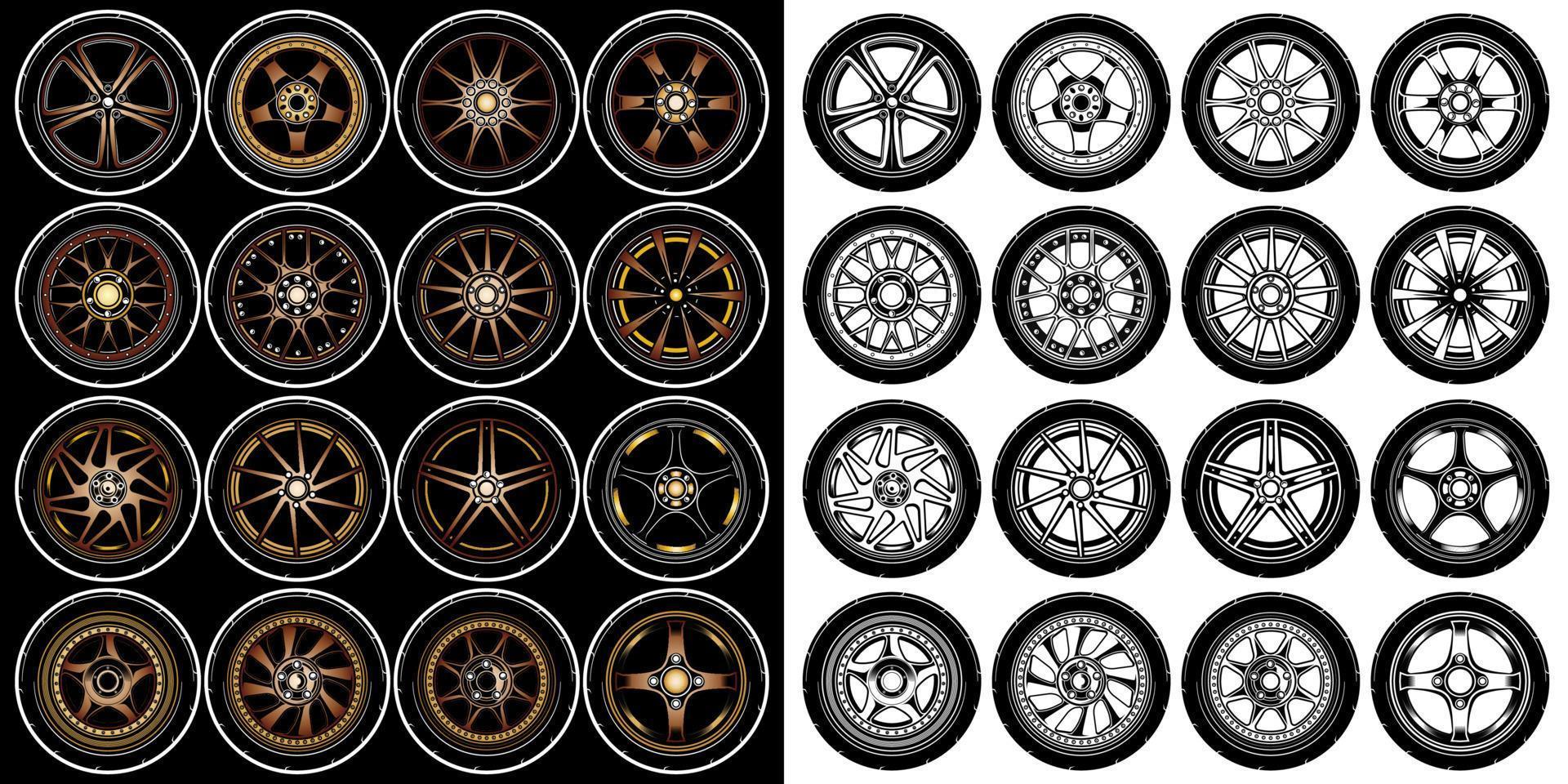 Set of gold gradient color of car wheel, rubber tyre, truck wheel element illustration. 3D illustration of rims car collections. Vector eps 10.
