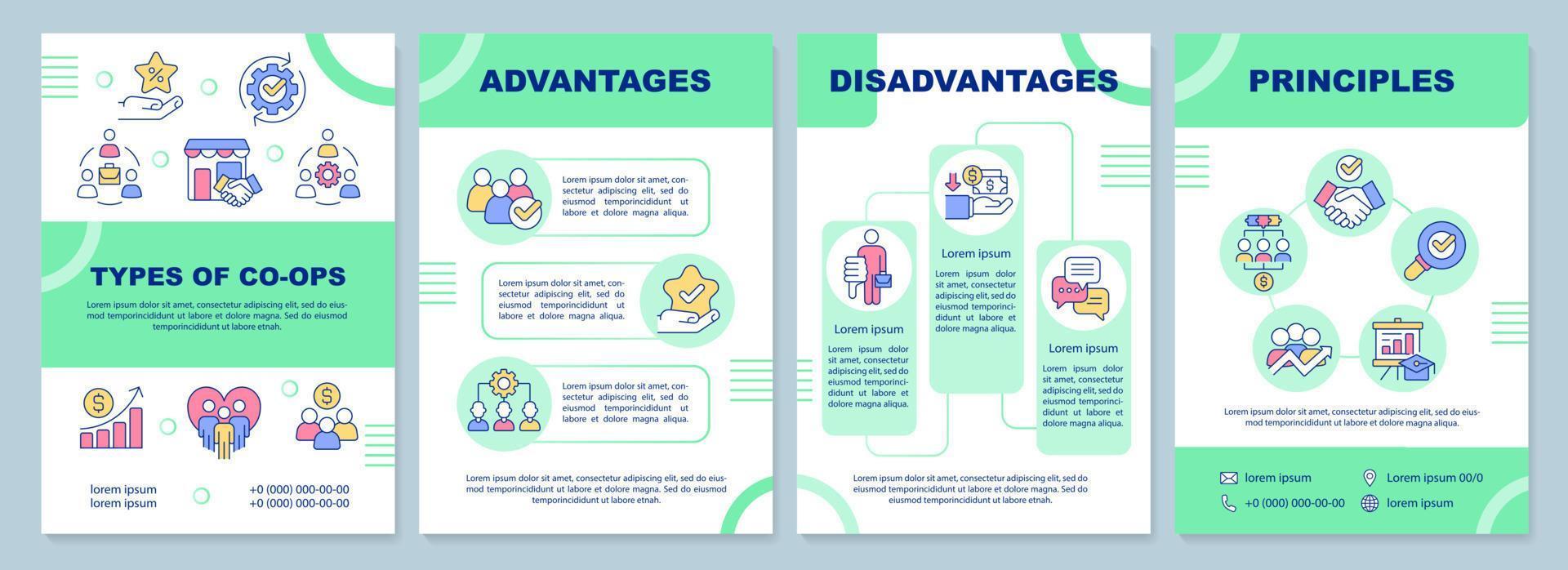 Business co-ops green brochure template. Partnership work. Leaflet design with linear icons. 4 vector layouts for presentation, annual reports.