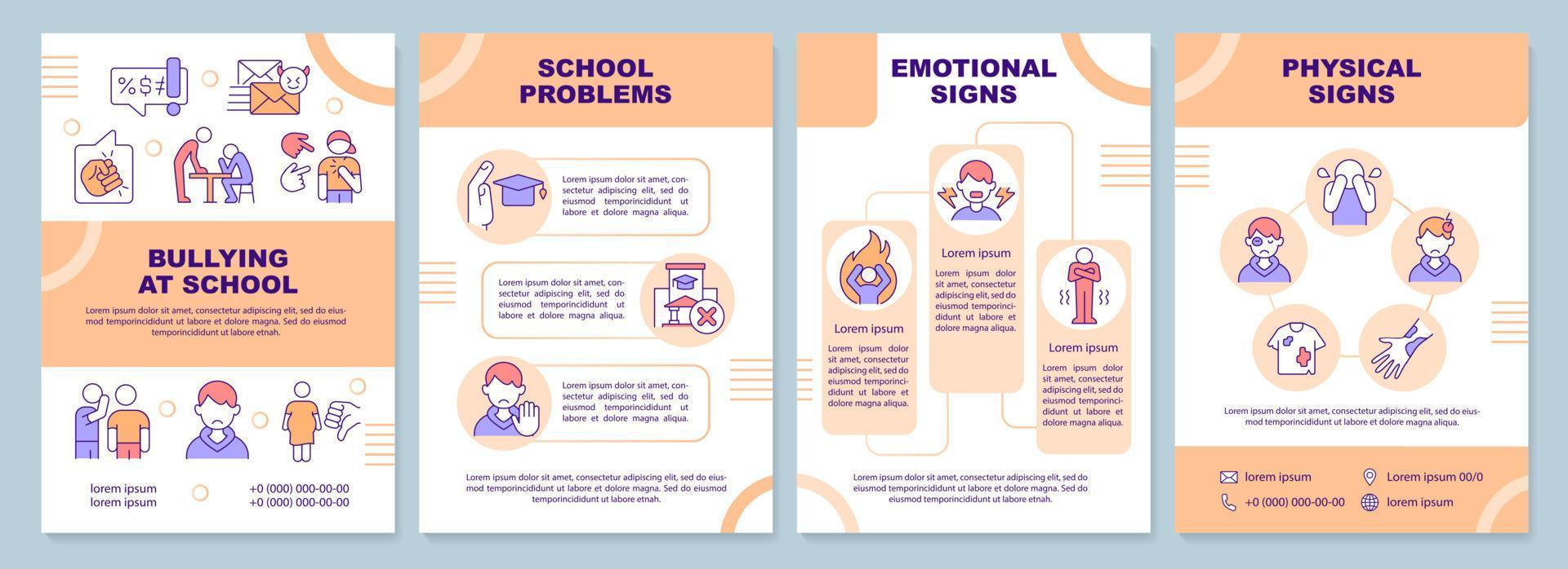 intimidación en la plantilla de folleto naranja de la escuela. signos emocionales. diseño de folletos con iconos lineales. 4 diseños vectoriales editables para presentación, informes anuales. vector