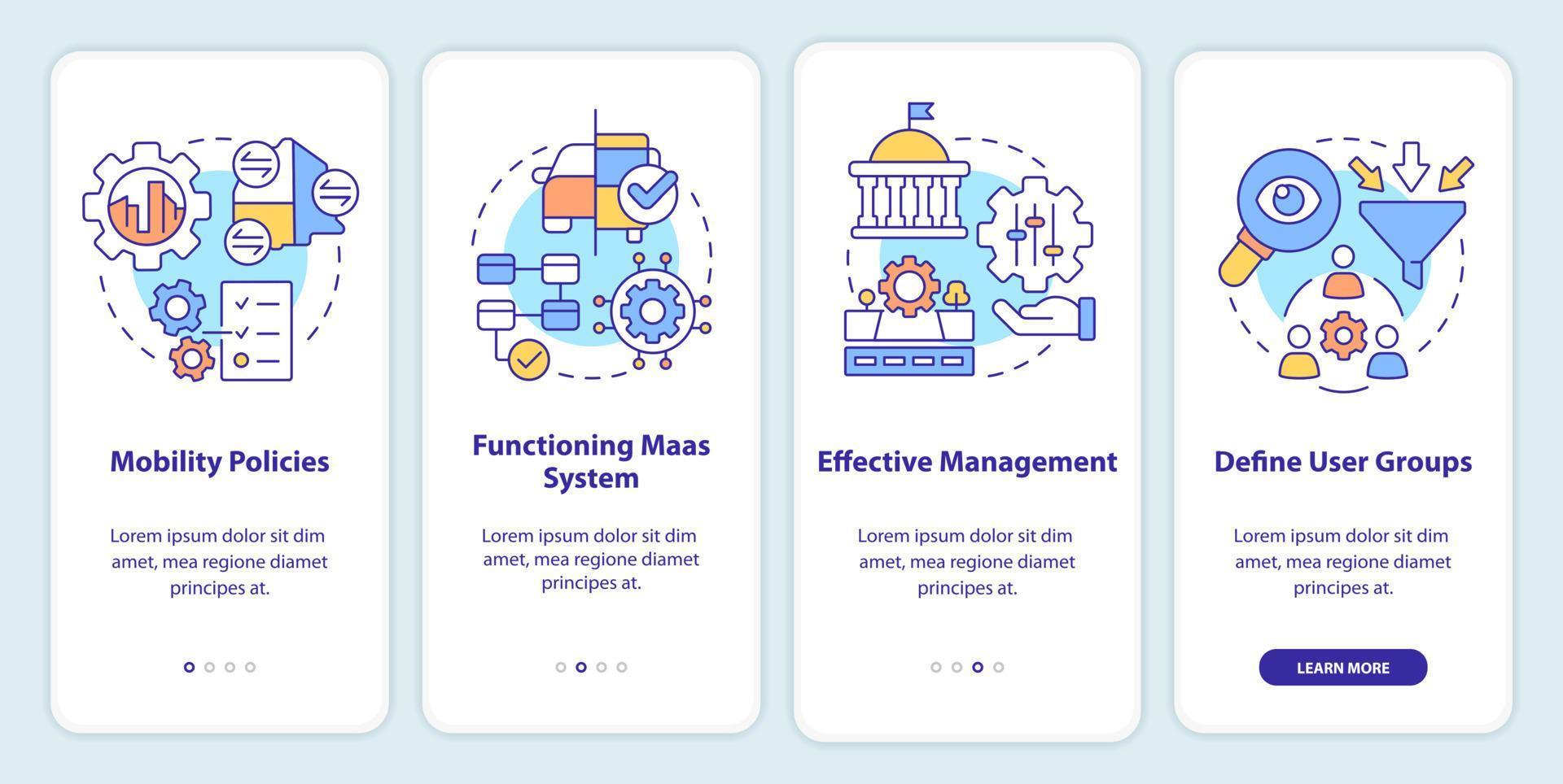 MaaS introduction components onboarding mobile app screen. Data walkthrough 4 steps editable graphic instructions with linear concepts. UI, UX, GUI template. vector