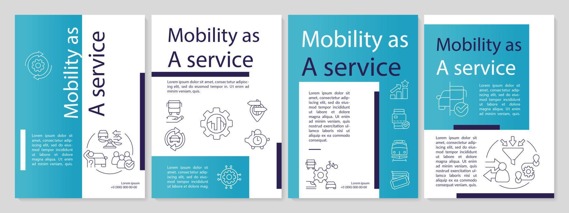 Mobility as service for passengers blue brochure template. Leaflet design with linear icons. Editable 4 vector layouts for presentation, annual reports.