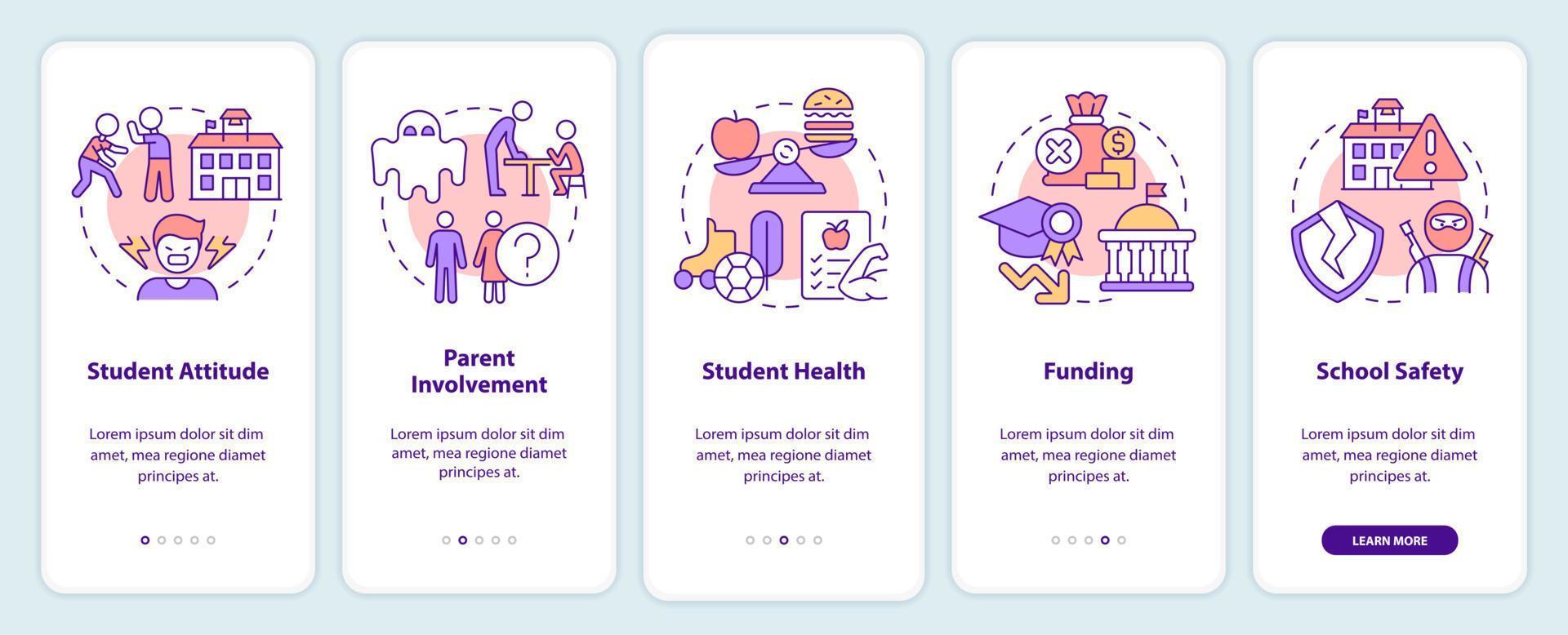 Problems in public schools onboarding mobile app screen. Walkthrough 5 steps editable graphic instructions with linear concepts. UI, UX, GUI template. vector