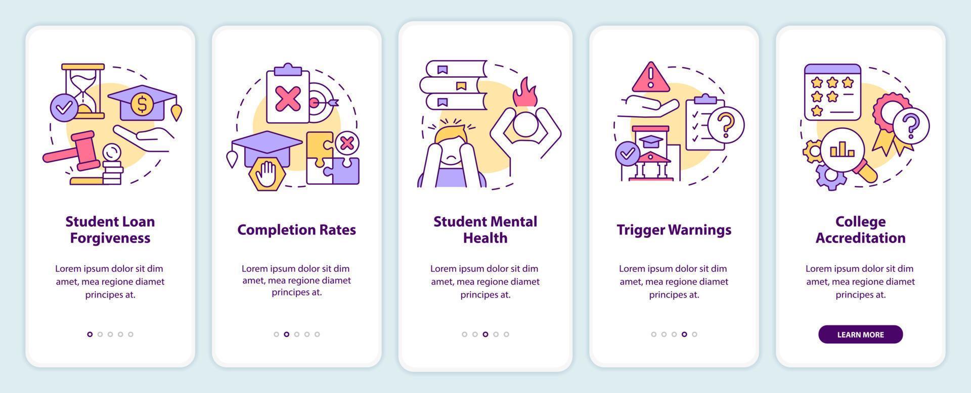 Issues in higher education onboarding mobile app screen. Walkthrough 5 steps editable graphic instructions with linear concepts. UI, UX, GUI template. vector