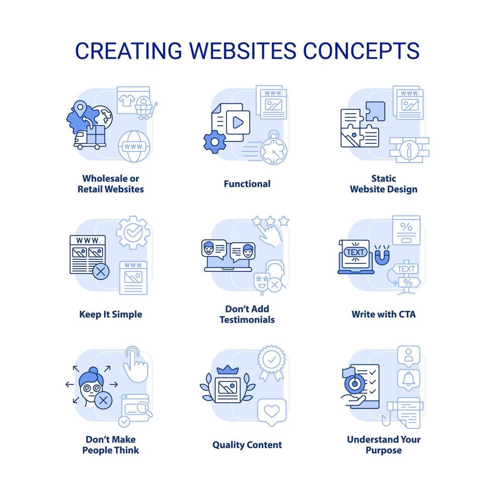 Creating websites light blue concept icons set. Learn web development idea thin line color illustrations. Write with CTA. Isolated symbols. Editable stroke. vector