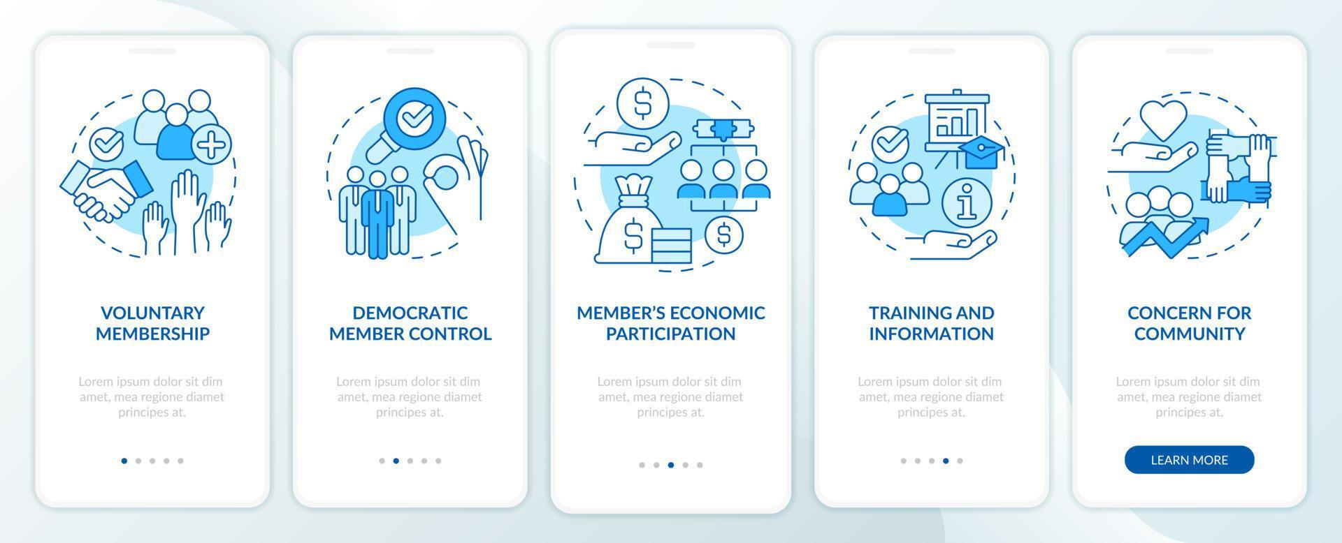 Cooperative principles blue onboarding mobile app screen. Business walkthrough 5 steps graphic instructions pages with linear concepts. UI, UX, GUI template. vector