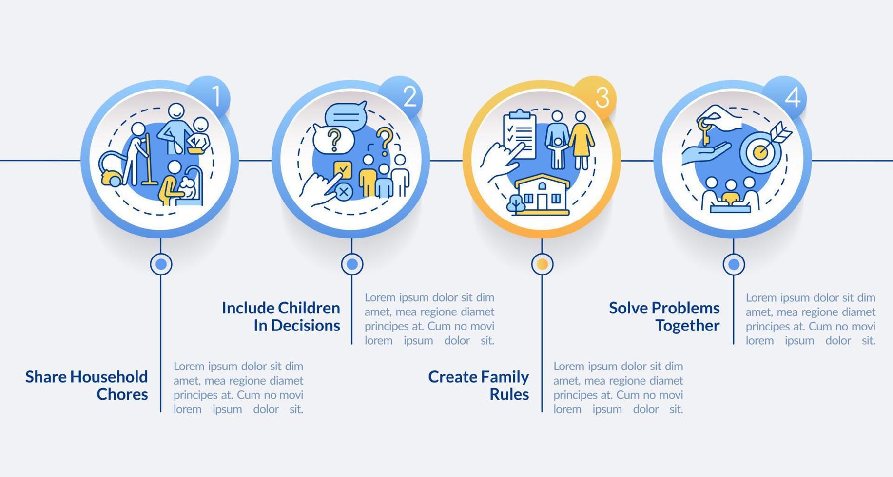 Encouraging teamwork circle infographic template. Family relationship. Data visualization with 4 steps. Process timeline info chart. Workflow layout with line icons. vector