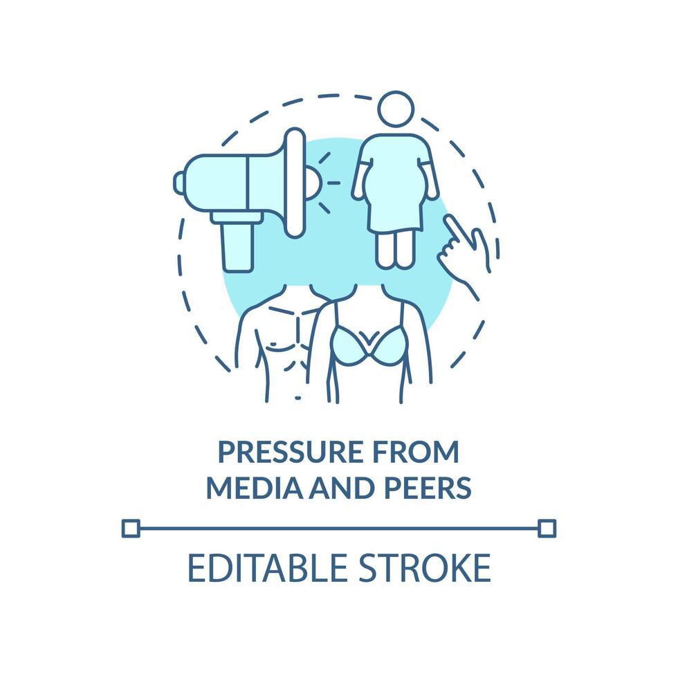 presión de los medios y compañeros icono de concepto turquesa. imagen corporal adolescente negativa idea abstracta ilustración de línea delgada. dibujo de contorno aislado. trazo editable. vector