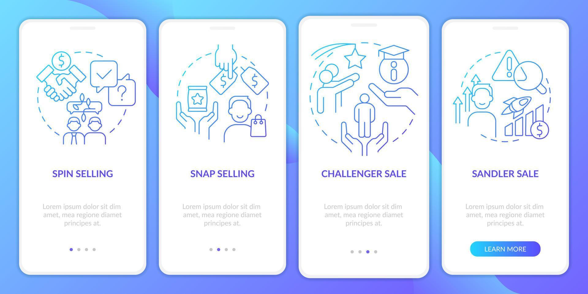 Sales techniques blue gradient onboarding mobile app screen. Goods promotion walkthrough 4 steps graphic instructions with linear concepts. UI, UX, GUI template. vector