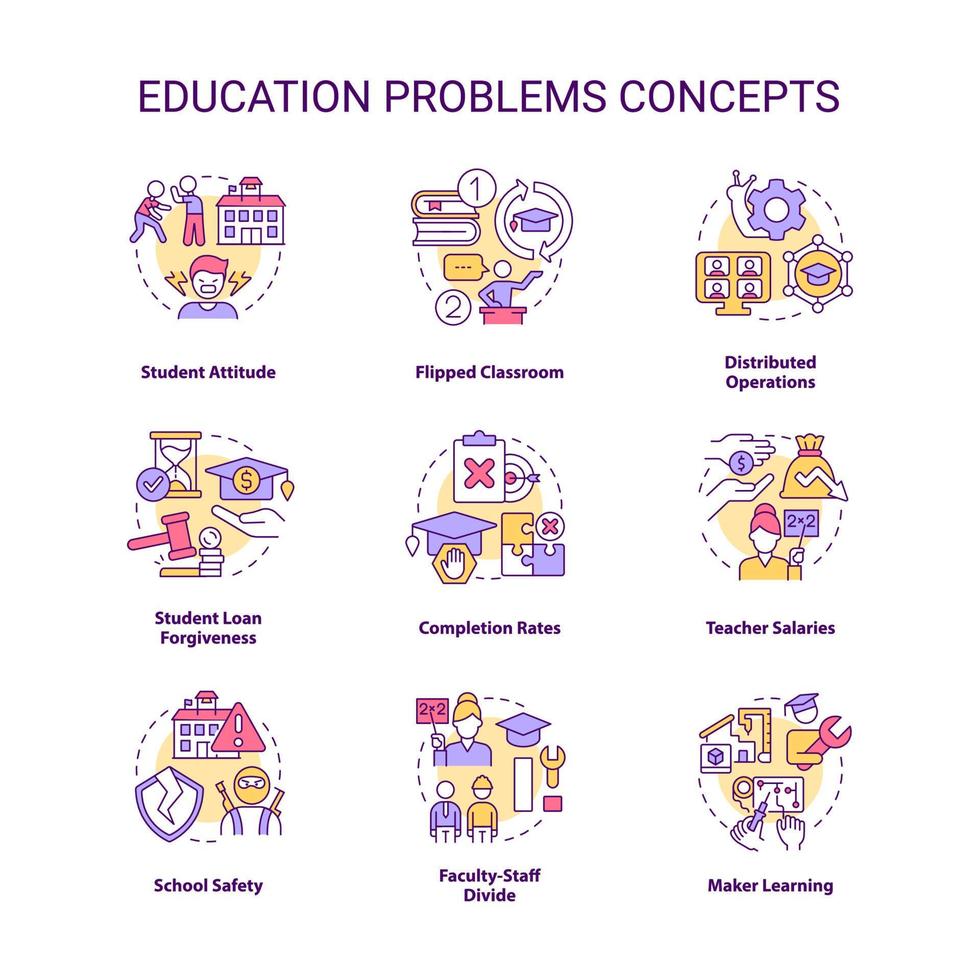 conjunto de iconos de concepto de problema de educación. problemas de los estudiantes. el sistema educativo desafía la idea de las ilustraciones en color de línea delgada. símbolos aislados. trazo editable. vector