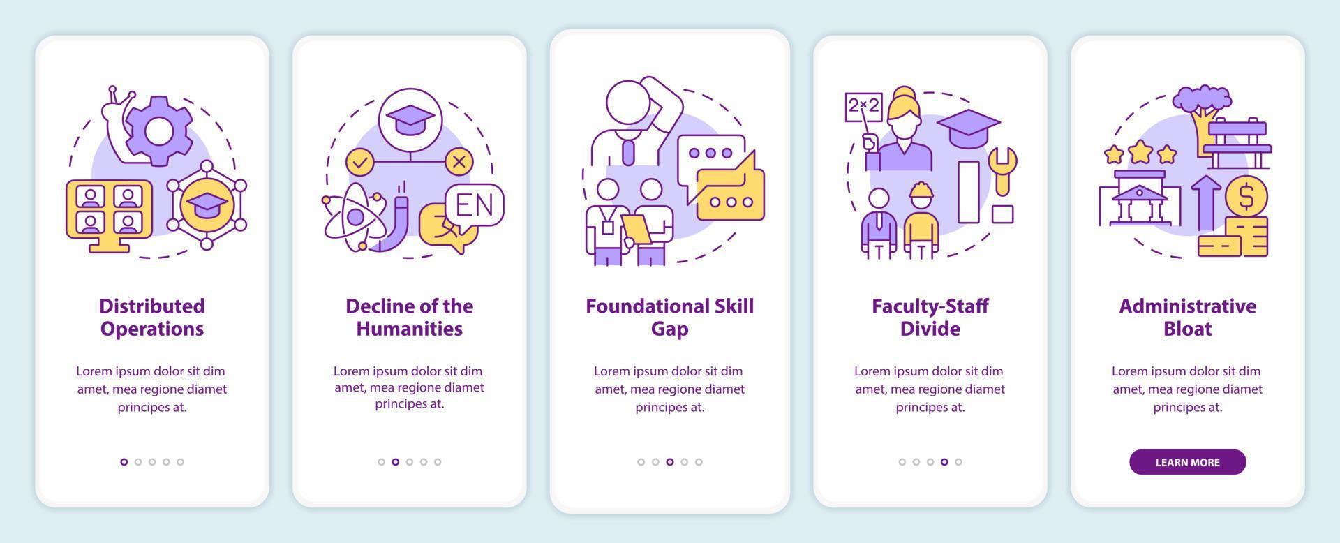 Problems in higher education onboarding mobile app screen. Walkthrough 5 steps editable graphic instructions with linear concepts. UI, UX, GUI template. vector